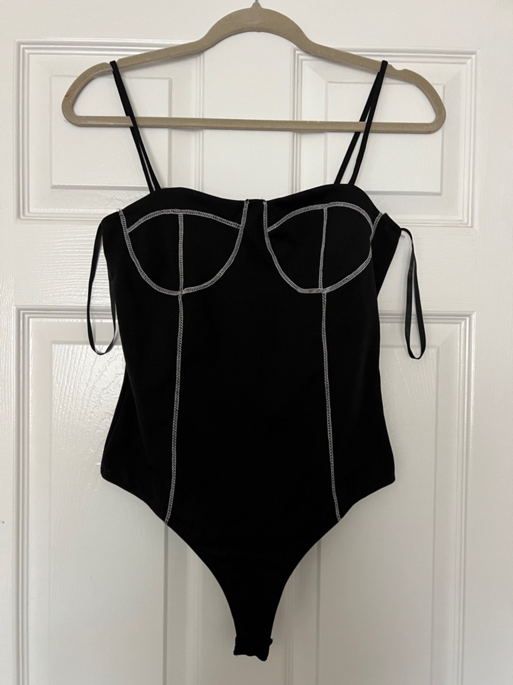 Black Contrast-Stitch Spaghetti-Strap Bodysuit